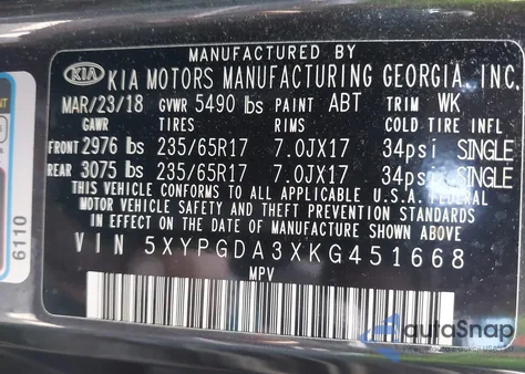 2019 Kia Sorento 2.4L Lx z USA, uszkodzony, nr VIN 5XYPGDA3XKG451668